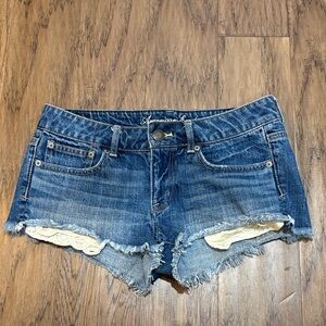 American Eagle Outfitters Dark Blue Denim Cutoff Shorts with Lace Insets